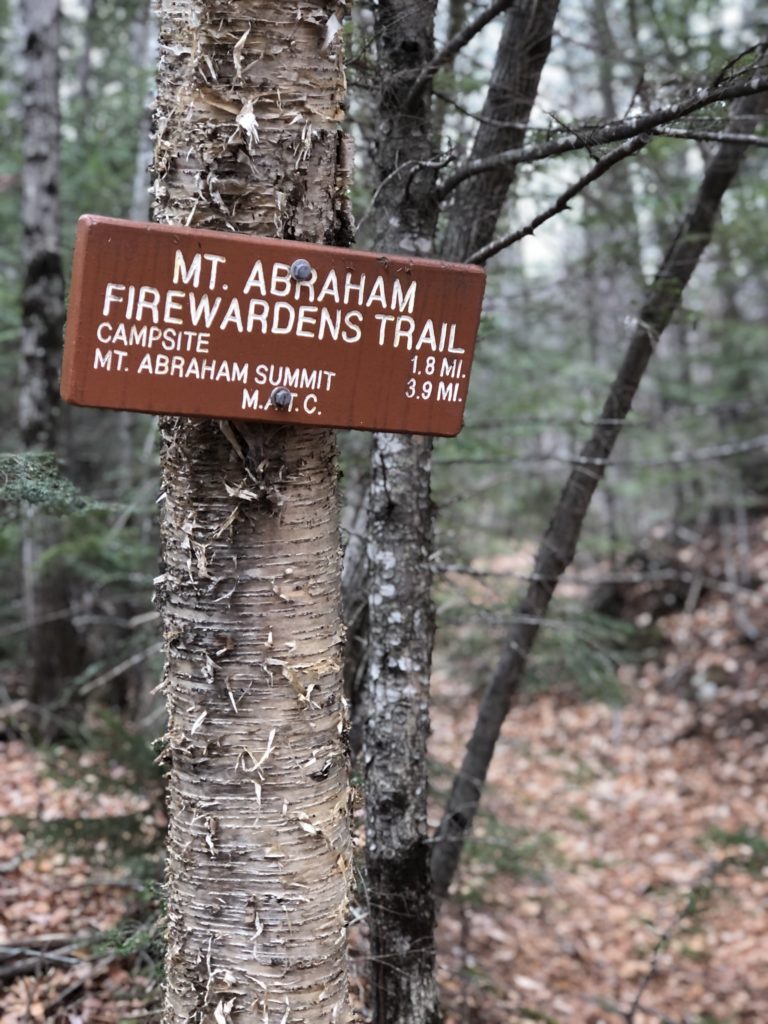 Trail sign seen while hiking Mt Abraham in the Western Maine Mountains