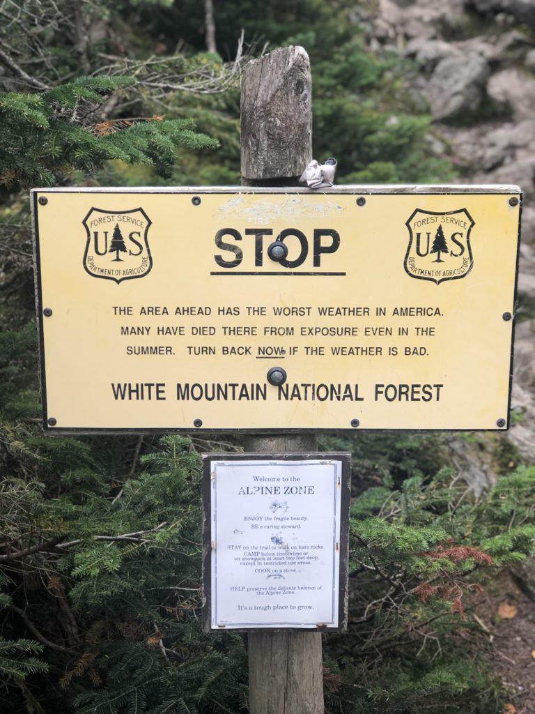 A warning sign seen while hiking Mt Adams in the White Mountains in New Hampshire
