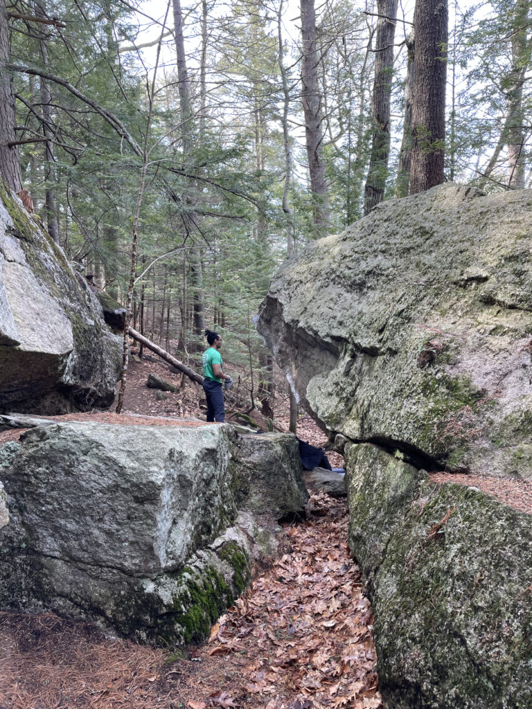 A person in the woods at the South Freeport Boulders
