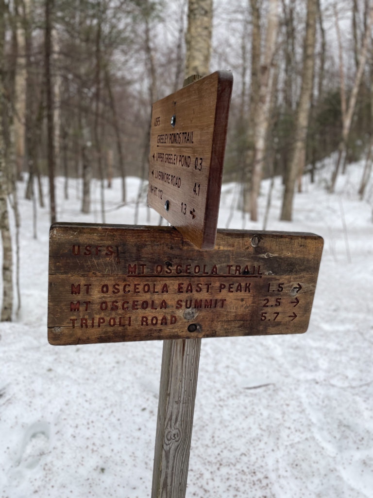 Trail signs seen while hiking East Osceola in the White Mountains, New Hampshire