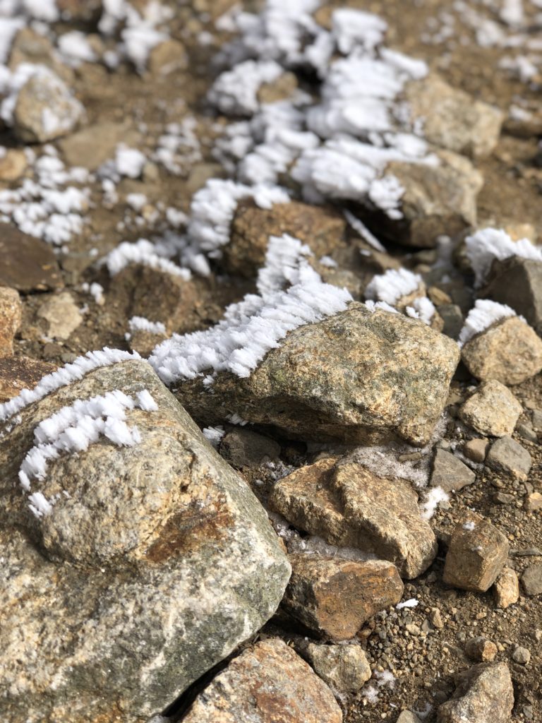 Frost on rocks at the summit, seen while hiking Mt Eisenhower in the White Mountains, New Hampshire