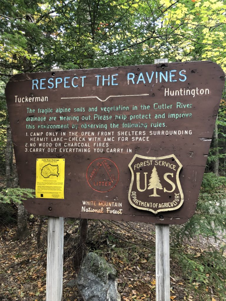 Respect the Ravines sign seen while hiking Tuckerman Ravine, Mt. Washington, White Mountains, New Hampshire