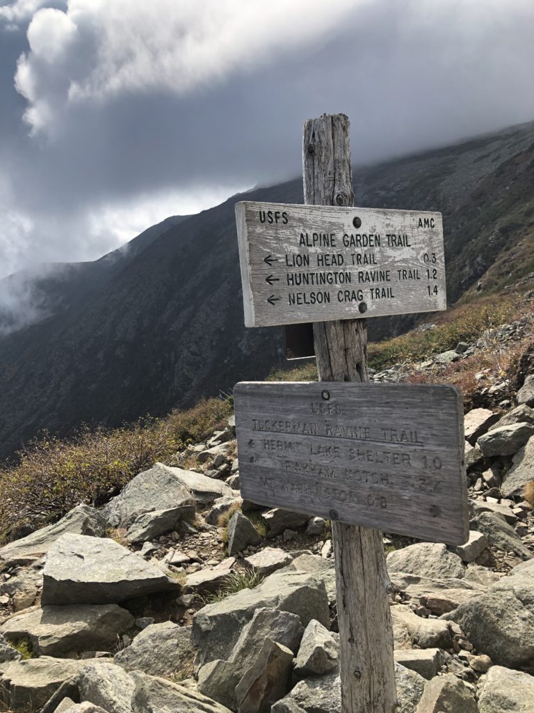 Trail signs seen while hiking Tuckerman Ravine, Mt. Washington, White Mountains, New Hampshire