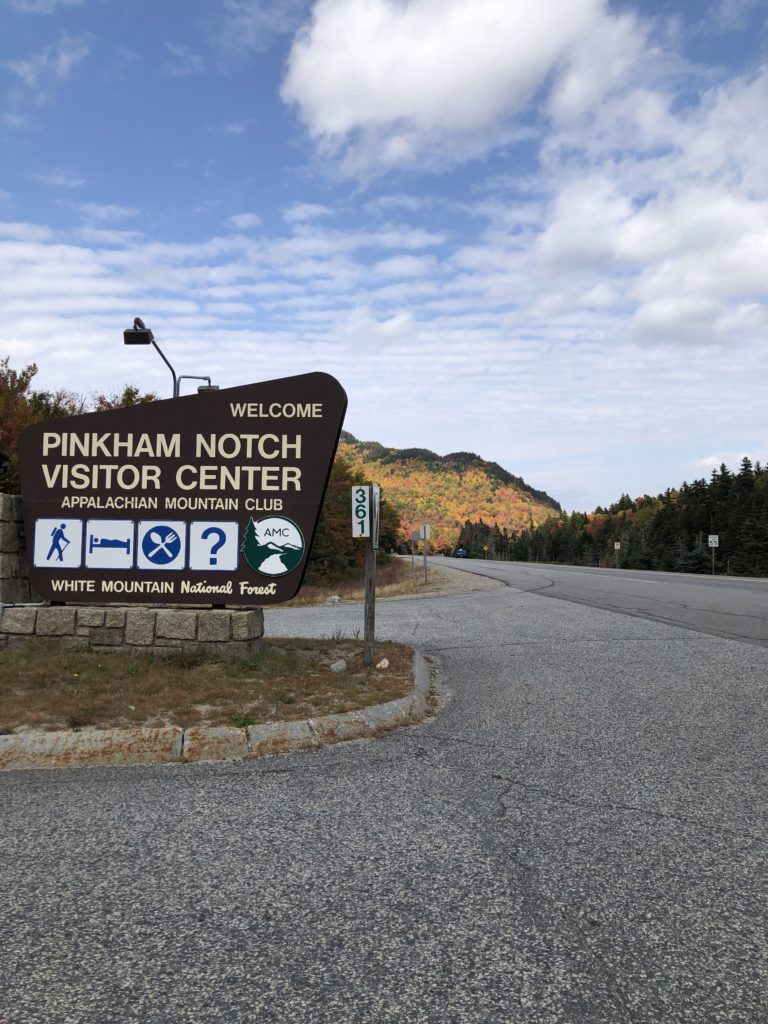 The Pinkham Notch Visitor Center sign seen while hiking Tuckerman Ravine, Mt. Washington, White Mountains, New Hampshire