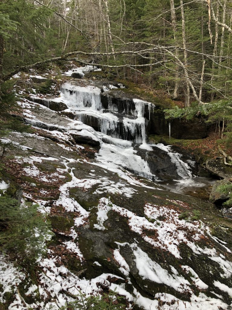 A frozen waterfall seen while hiking Old Speck in Grafton Notch State Park, Maine