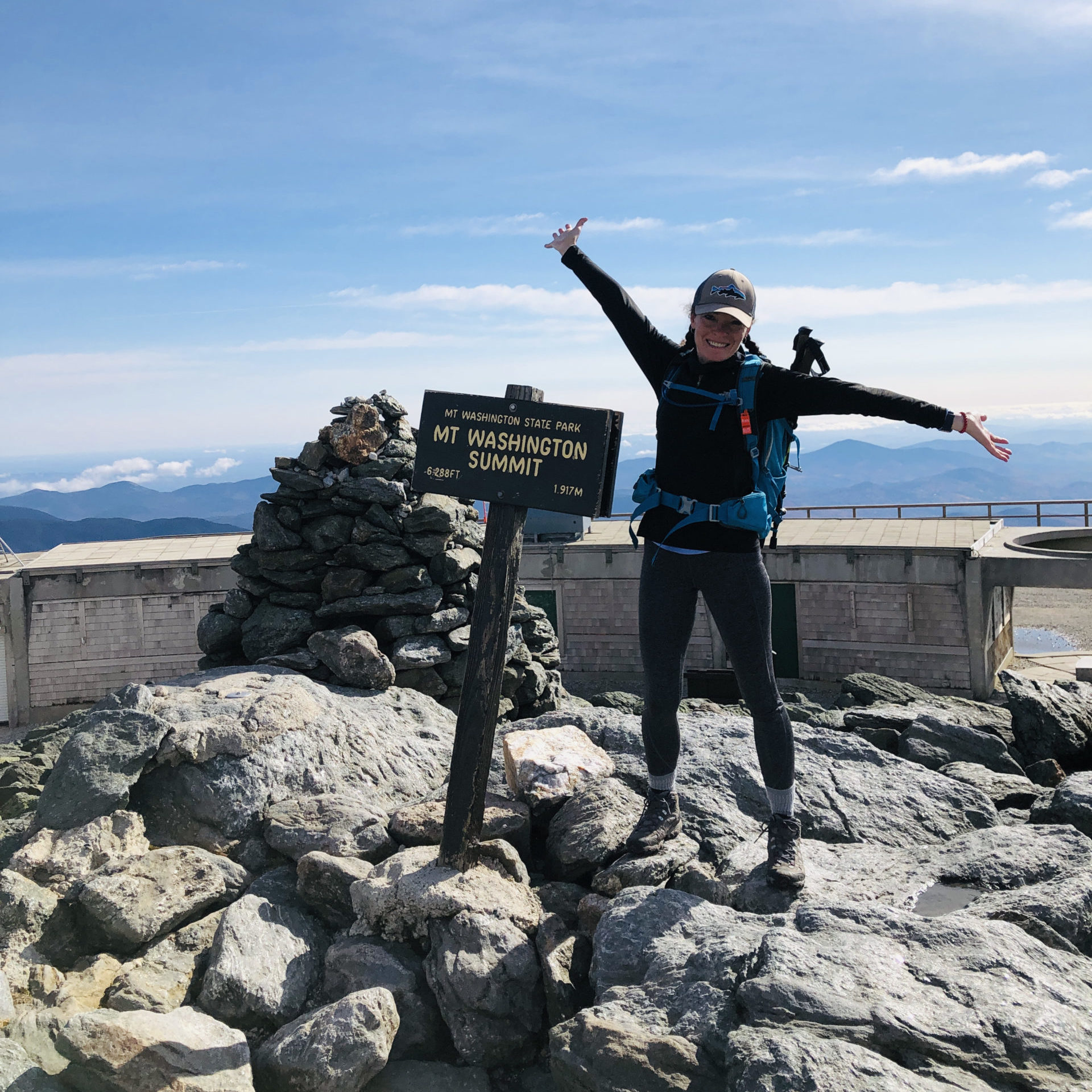 Sarah Holman at the top of Mt Washington in the White Mountains, New Hampshire