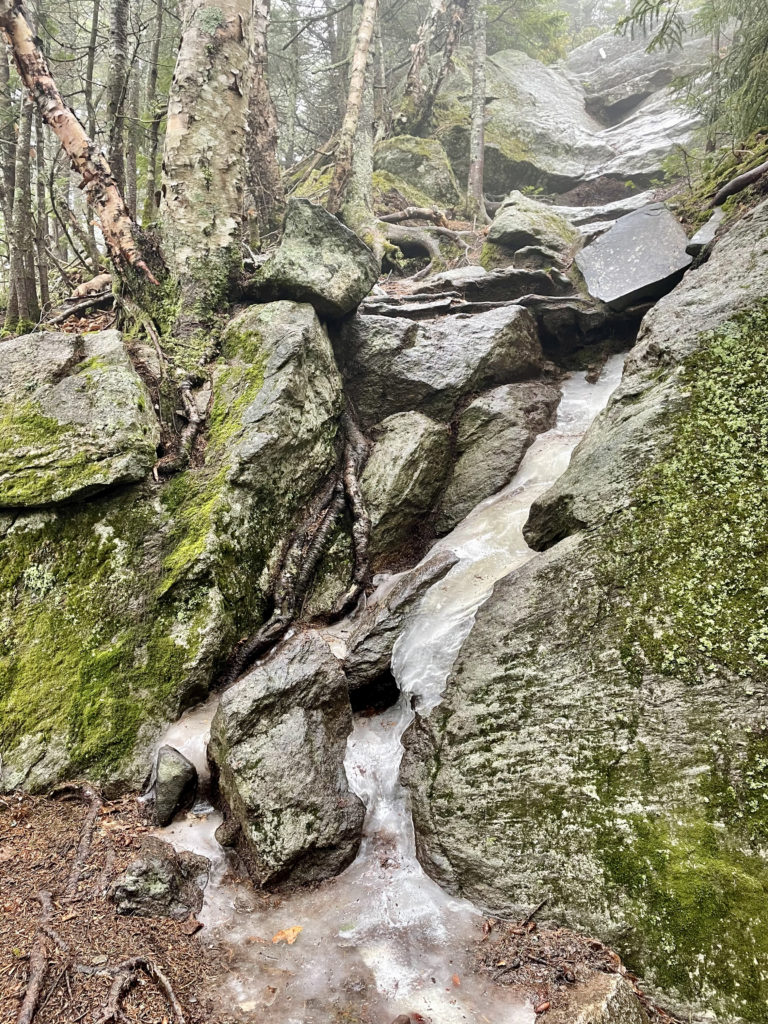 An icy rock scramble seen while hiking Wildcat Mtn in the White Mountains, New Hampshire