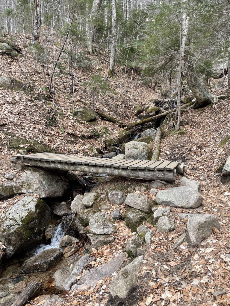 A footbridge seen while hiking Cannon Mountain in the White Mountain National Forest in New Hampshire