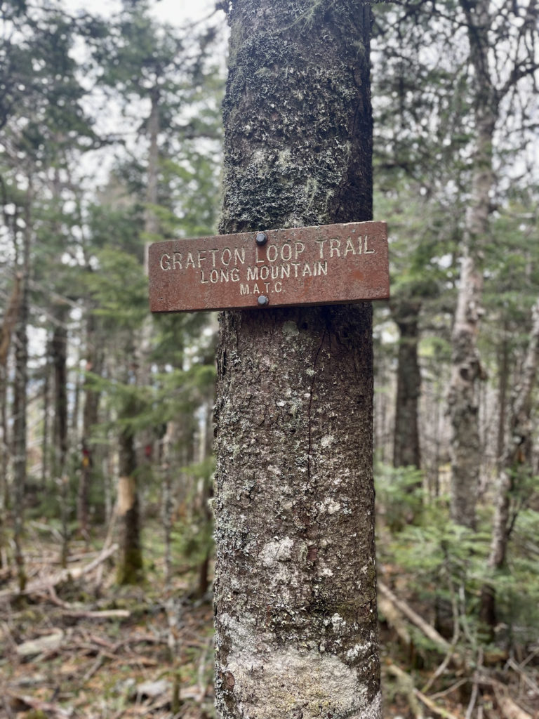 Trail sign, seen while hiking and backpacking the Grafton Notch Loop Trail in the White Mountains, Maine