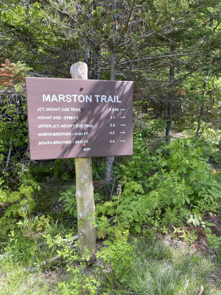 Marston Trail sign, seen while hiking North Brother in Baxter State Park, Maine