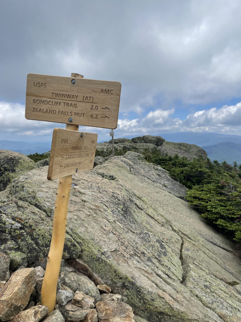 Trail sign at South Twin Mtn summit, seen while hiking Mts. Galehead, North Twin, and South Twin in the White Mountain National Forest, New Hampshire