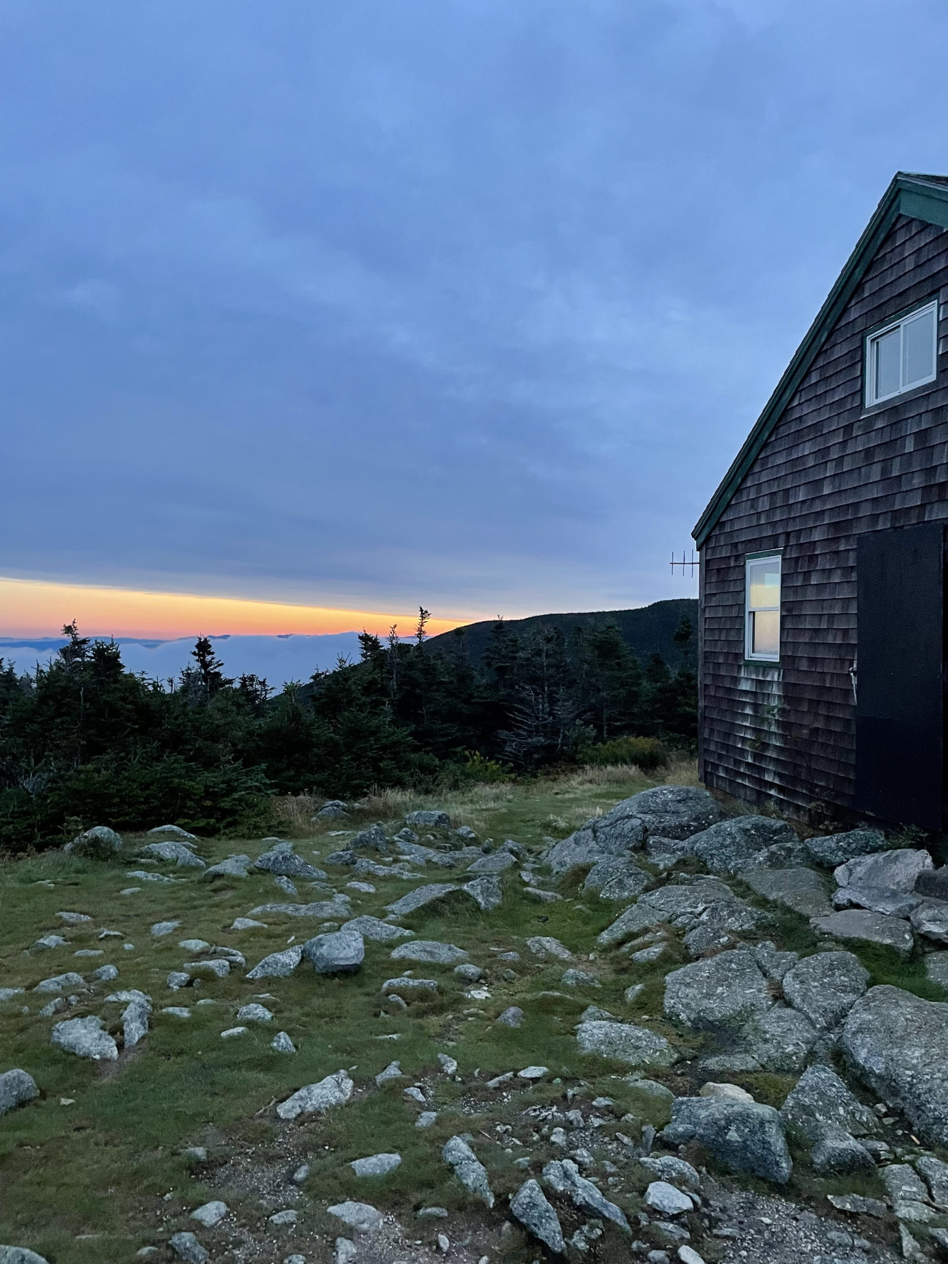 AMC Greenleaf Hut at sunrise, seen while hike Mt. Lafayette and Mt. Lincoln in the White Mountain National Forest