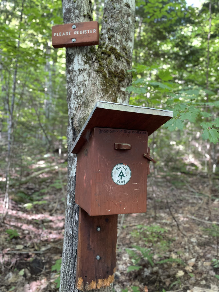 MATC trail register box, seen while hiking Bigelow Mountain in Western Maine