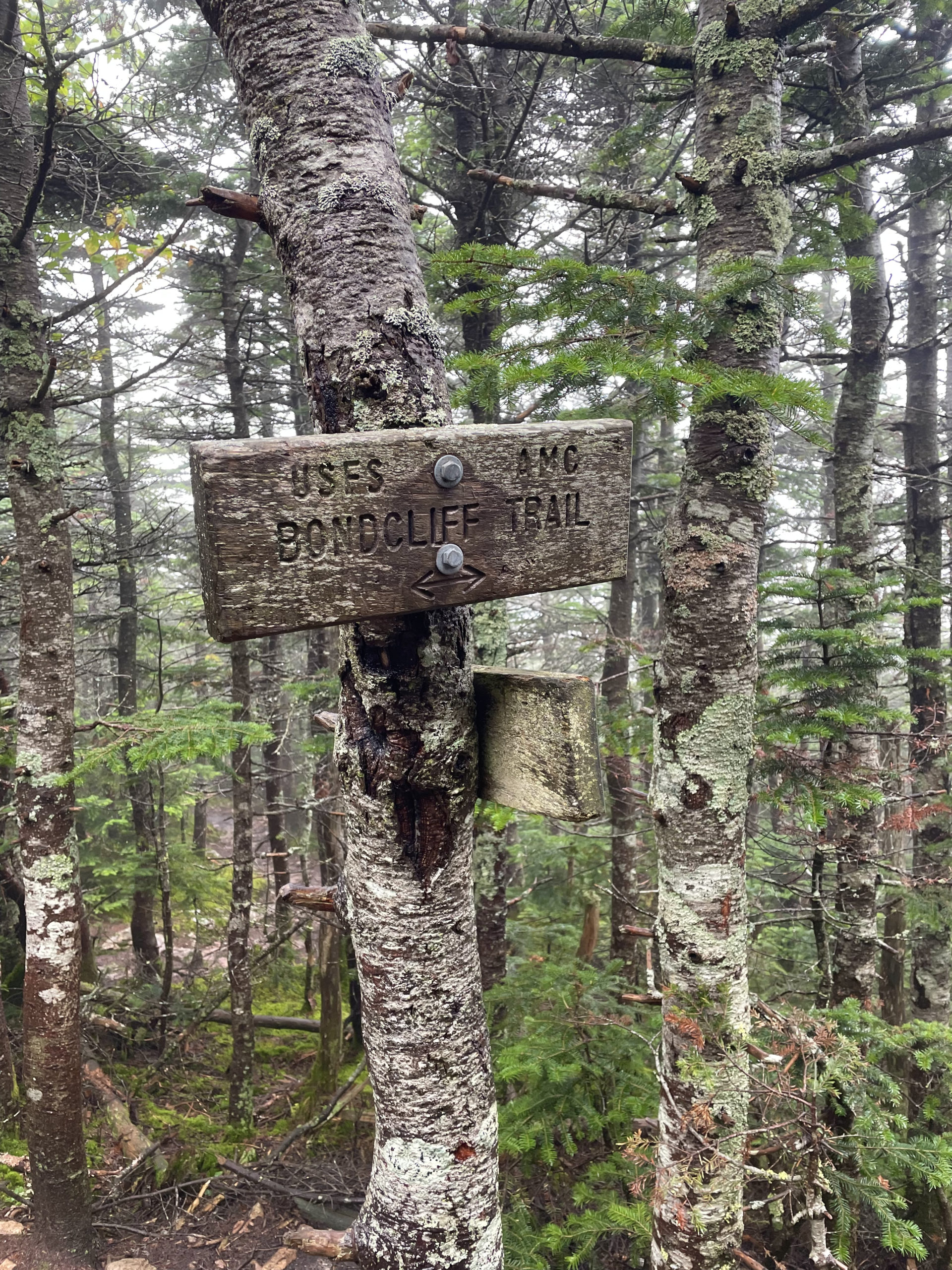 Trail sign, seen while hiking West Bond, Mt Bond, and Bondcliff in the White Mountains National Forest, New Hampshire