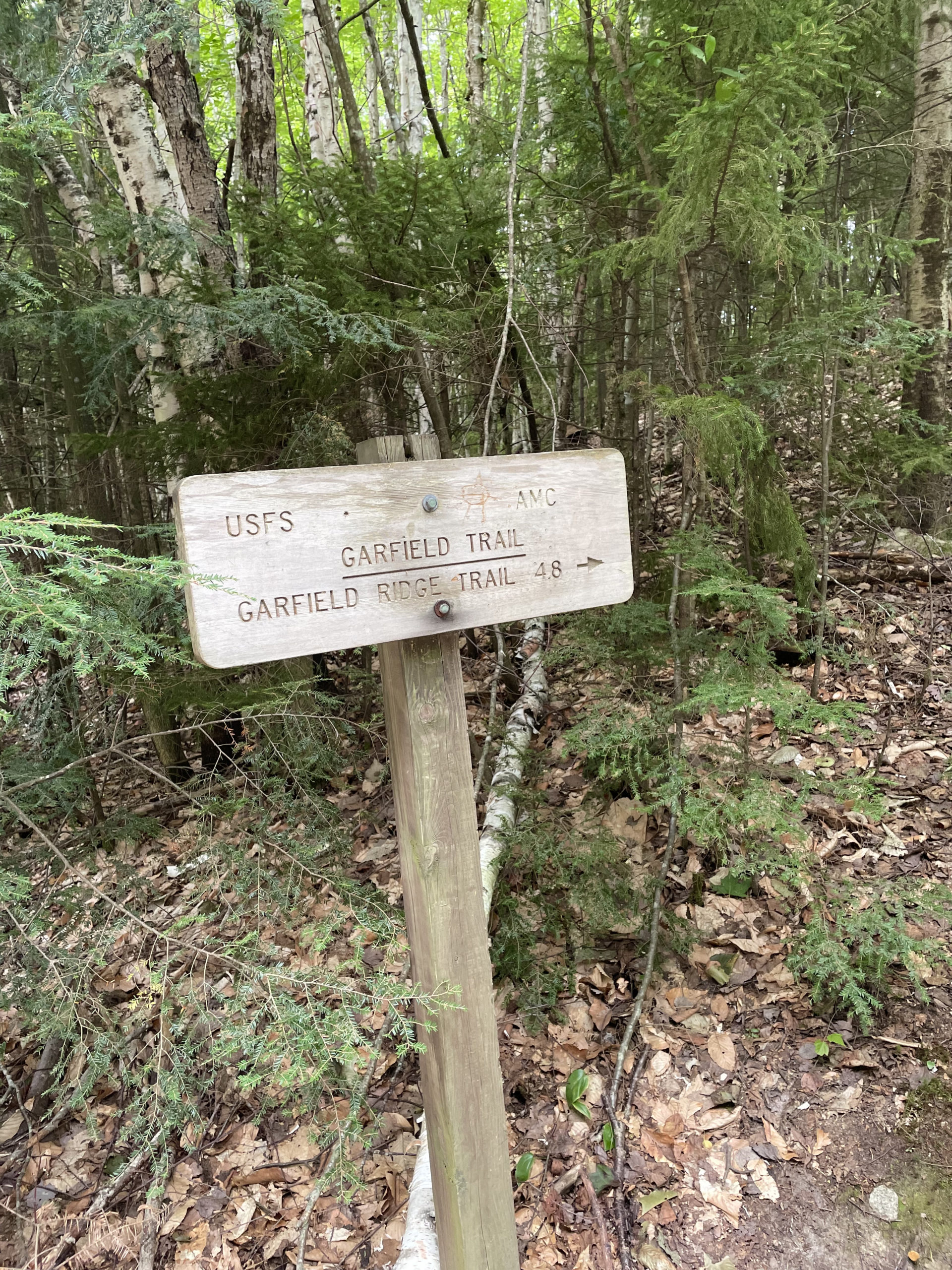Trail sign, seen while hiking Mt. Garfield in the White Mountain National Forest, NH