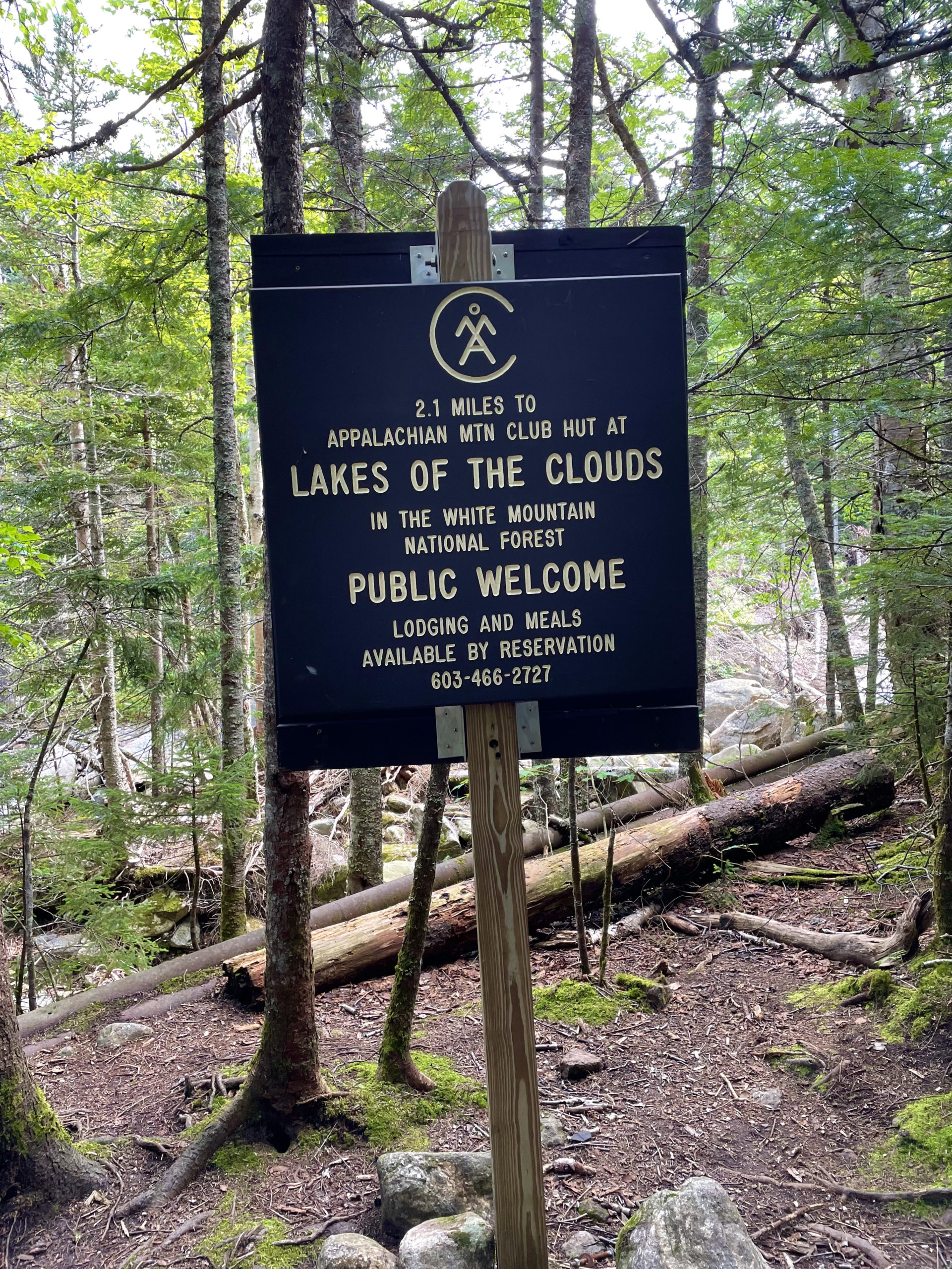 Lakes of the Clouds Hut sign, seen while hiking Mt. Pierce and Mt. Jackson in the White Mountains National Forest, New Hampshire