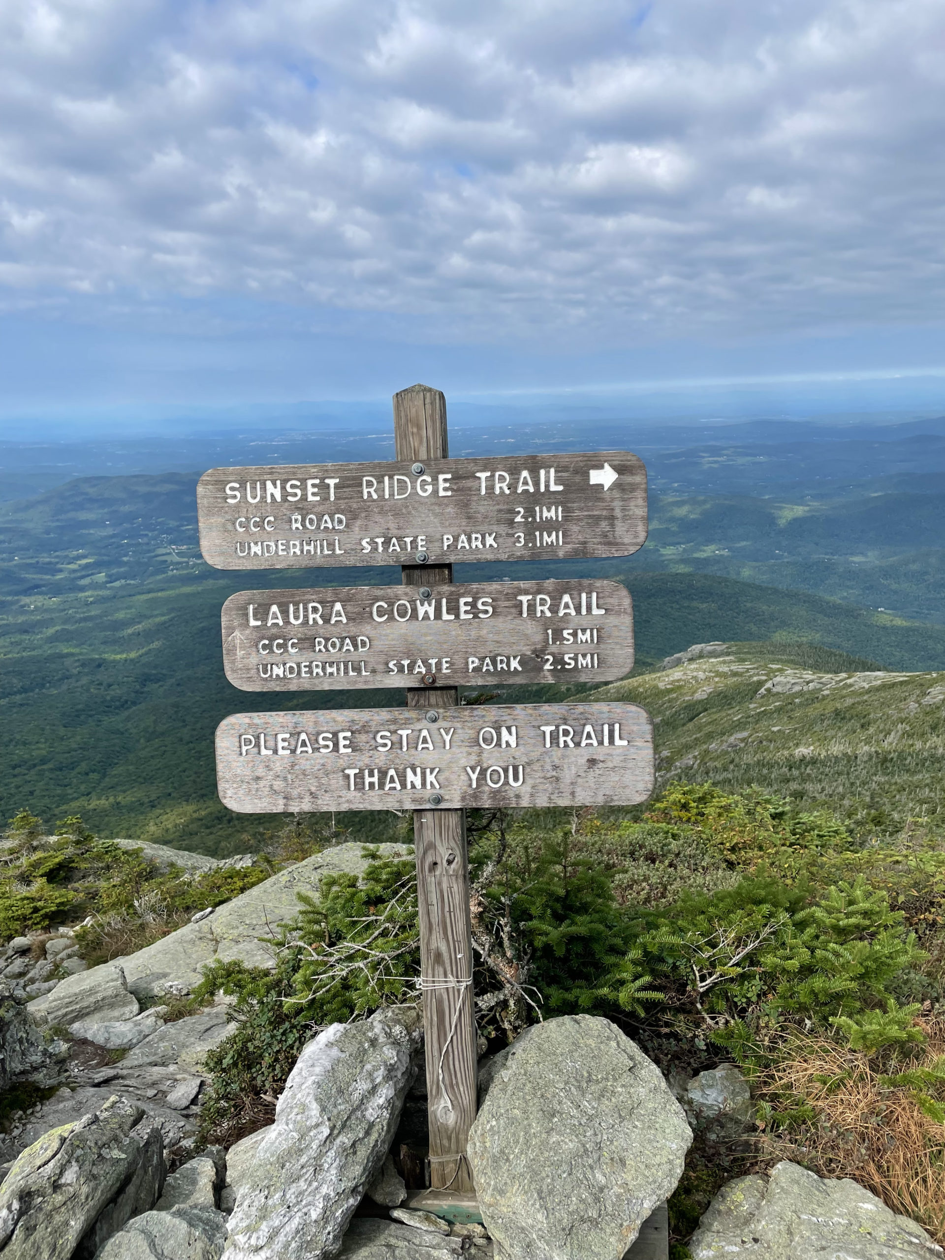 Summit trail sign, seen while hiking Mt. Mansfield in the Green Mountains, Vermont
