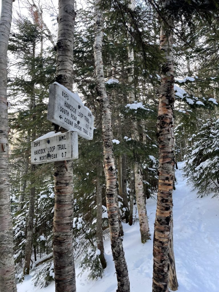 Snowy trail signs at the Hancocks in the White Mountains, New Hampshire