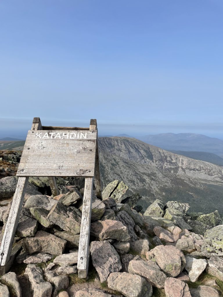 Sign on Baxter Peak, hiking Knife's Edge, Baxter State Park, Maine