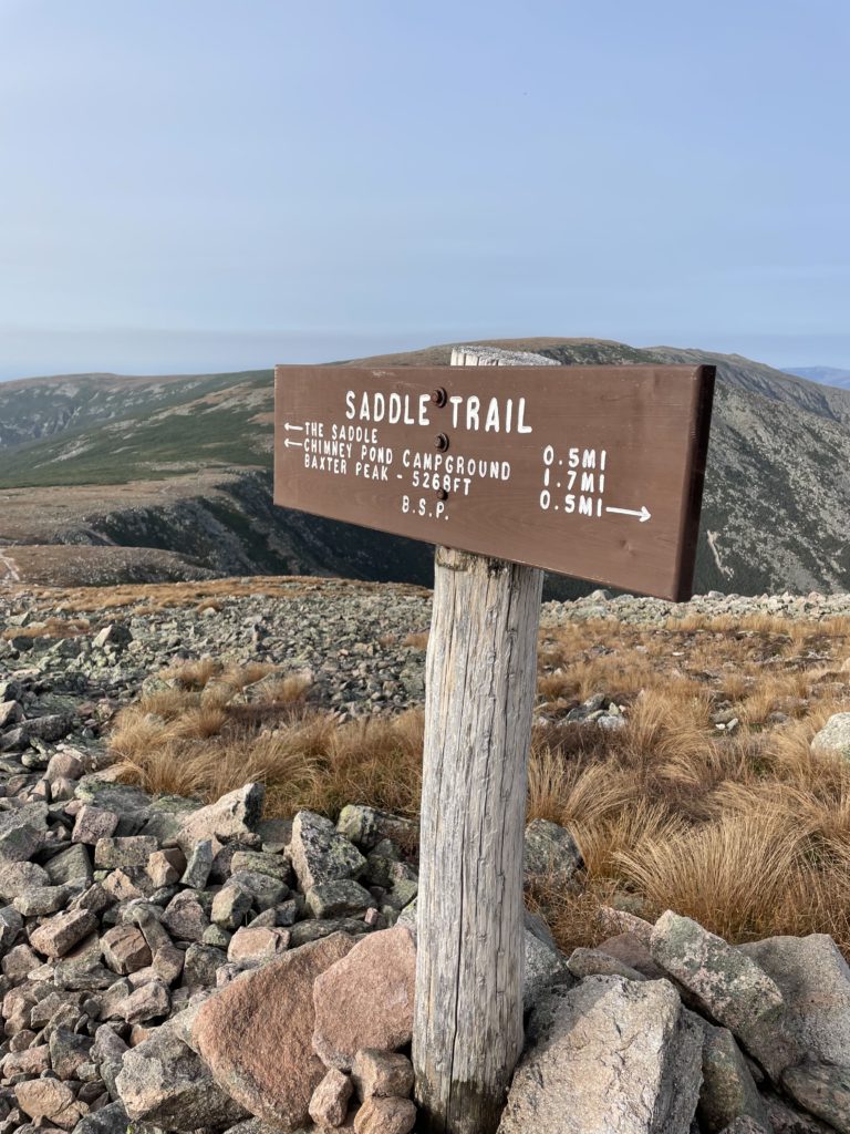 Saddle Trail sign, hiking Knife's Edge, Baxter State Park, Maine