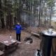 Camper at Kidney Pond in Baxter State Park in October during a snowstorm.